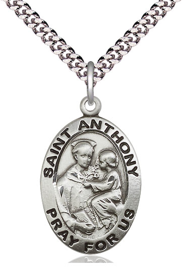 Sterling Silver Saint Anthony of Padua Pendant on a 24 inch Light Rhodium Heavy Curb chain