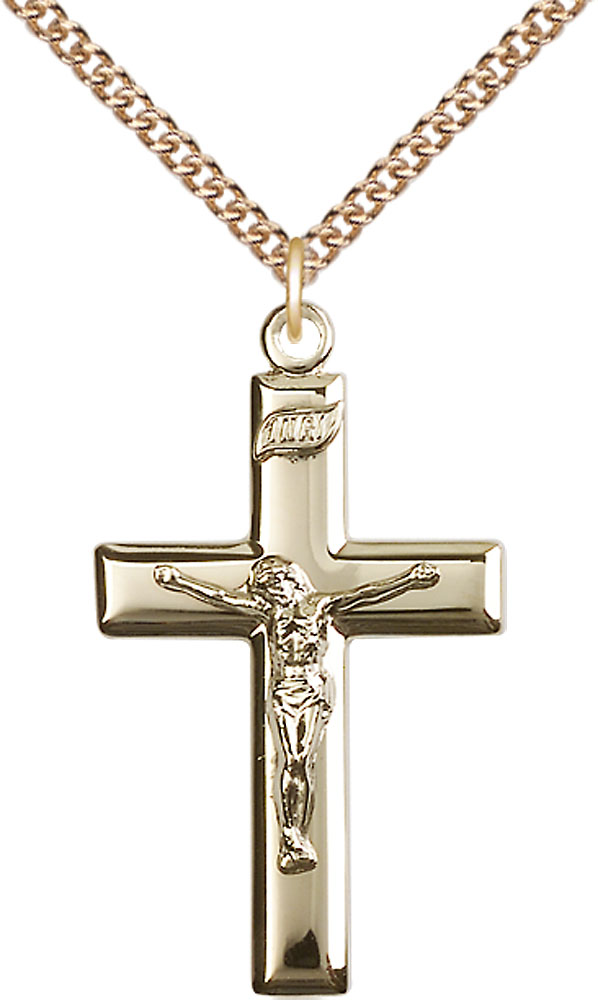 14kt Gold Filled Crucifix Pendant on a 24 inch Gold Filled Heavy Curb chain