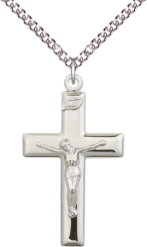 Sterling Silver Crucifix Pendant on a 24 inch Sterling Silver Heavy Curb chain