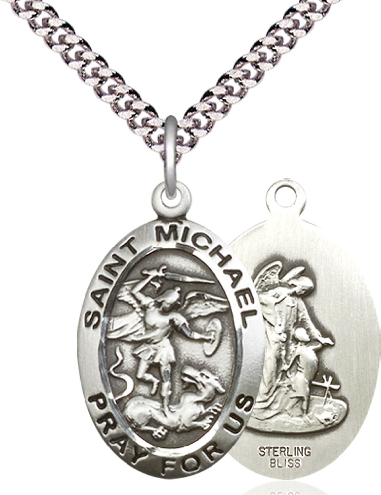 Sterling Silver Saint Michael the Archangel Pendant on a 24 inch Light Rhodium Heavy Curb chain