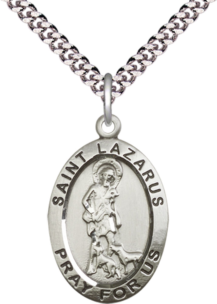 Sterling Silver Saint Lazarus Pendant on a 24 inch Light Rhodium Heavy Curb chain