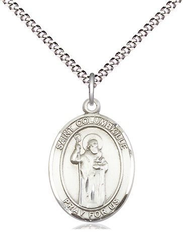Sterling Silver Saint Columbkille Pendant on a 18 inch Light Rhodium Light Curb chain