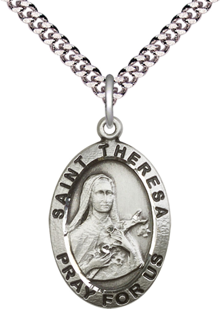 Sterling Silver Saint Theresa Pendant on a 24 inch Light Rhodium Heavy Curb chain