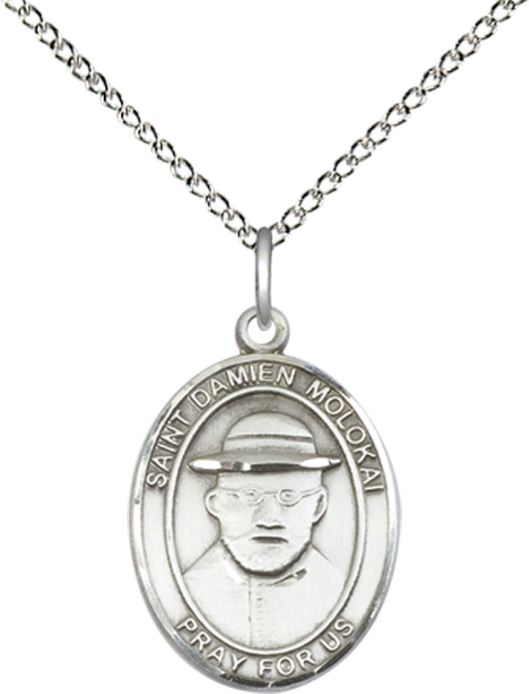 Sterling Silver Saint Damien of Molokai Pendant on a 18 inch Sterling Silver Light Curb chain