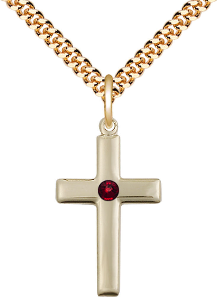 14kt Gold Filled Cross Pendant with a 3mm Garnet Swarovski stone on a 24 inch Gold Plate Heavy Curb chain