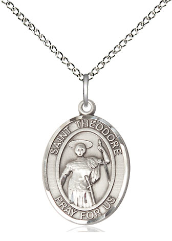 Sterling Silver Saint Theodore Stratelates Pendant on a 18 inch Sterling Silver Light Curb chain