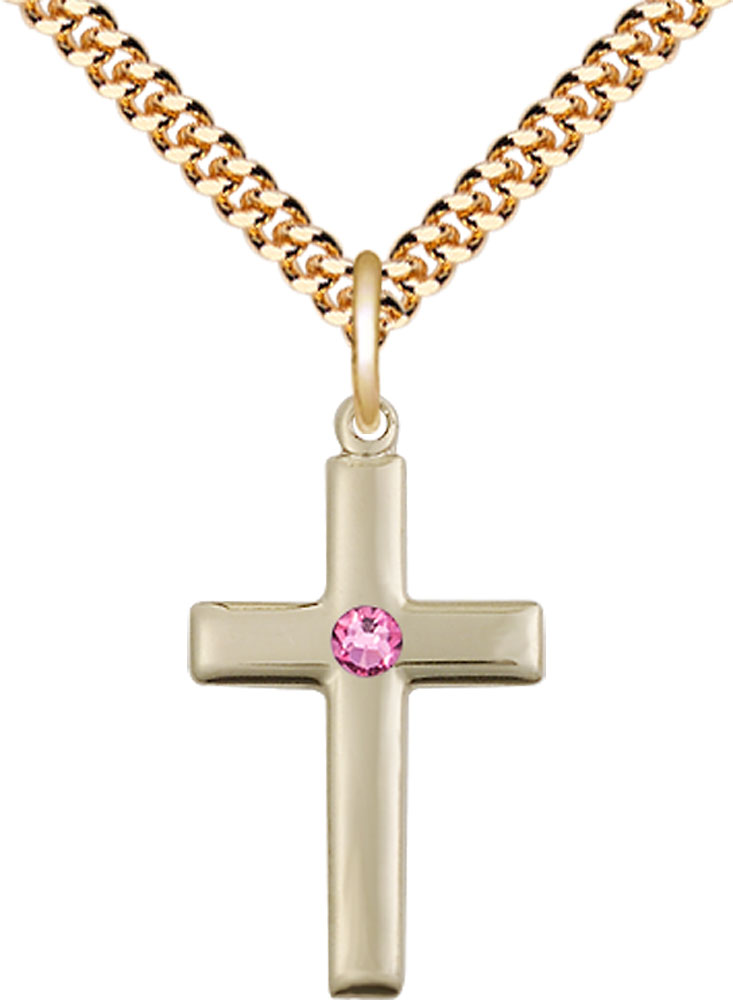 14kt Gold Filled Cross Pendant with a 3mm Rose Swarovski stone on a 24 inch Gold Plate Heavy Curb chain