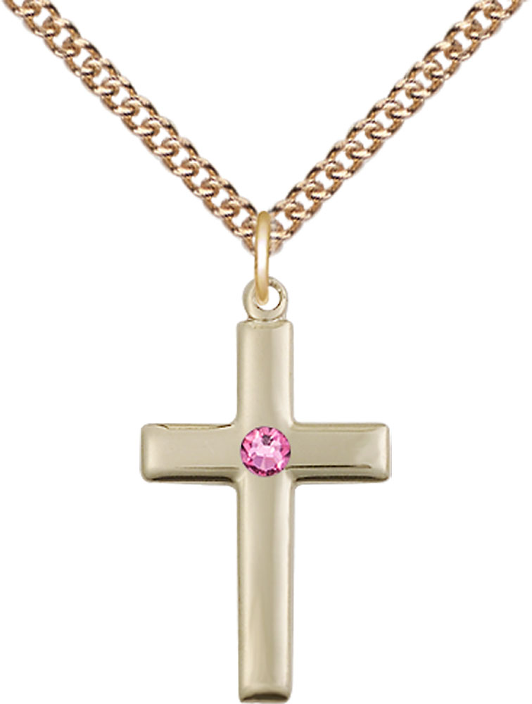 14kt Gold Filled Cross Pendant with a 3mm Rose Swarovski stone on a 24 inch Gold Filled Heavy Curb chain
