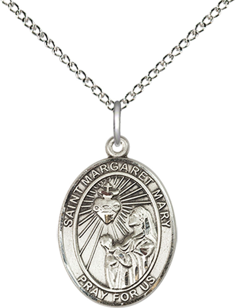 Sterling Silver Saint Margaret Mary Alacoque Pendant on a 18 inch Sterling Silver Light Curb chain