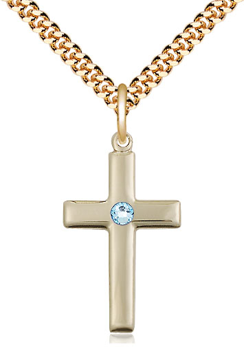 14kt Gold Filled Cross Pendant with a 3mm Aqua Swarovski stone on a 24 inch Gold Plate Heavy Curb chain