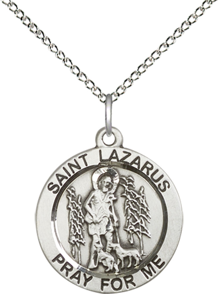 Sterling Silver Saint Lazarus Pendant on a 18 inch Sterling Silver Light Curb chain
