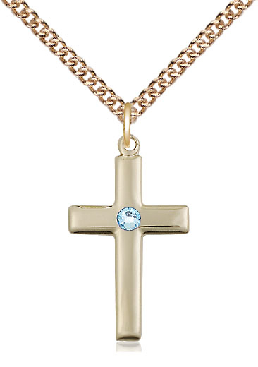 14kt Gold Filled Cross Pendant with a 3mm Aqua Swarovski stone on a 24 inch Gold Filled Heavy Curb chain