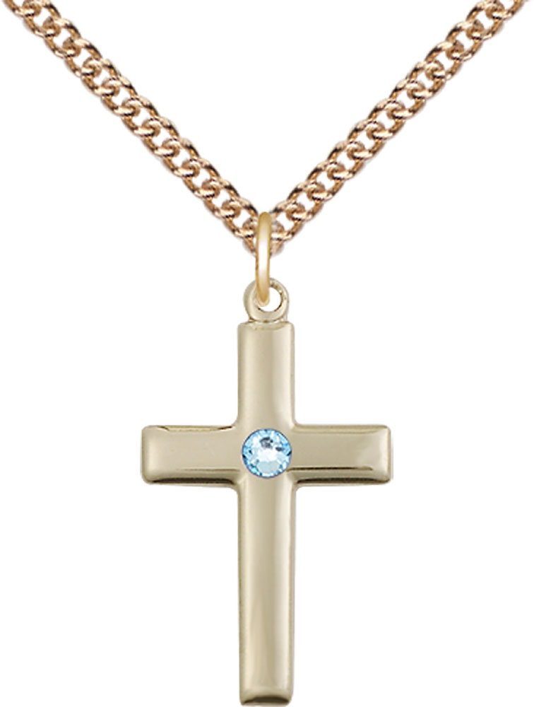 14kt Gold Filled Cross Pendant with a 3mm Aqua Swarovski stone on a 24 inch Gold Filled Heavy Curb chain