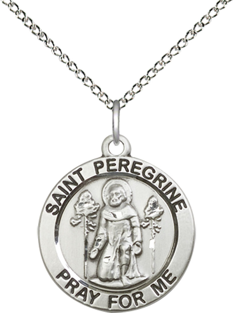 Sterling Silver Saint Peregrine Pendant on a 18 inch Sterling Silver Light Curb chain