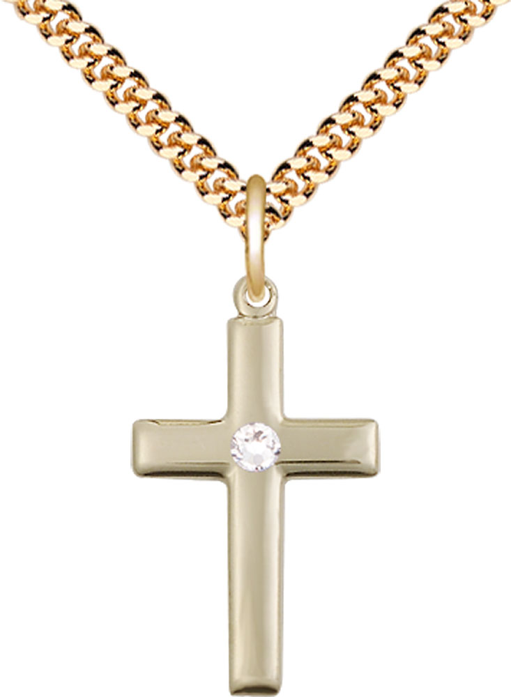 14kt Gold Filled Cross Pendant with a 3mm Crystal Swarovski stone on a 24 inch Gold Plate Heavy Curb chain