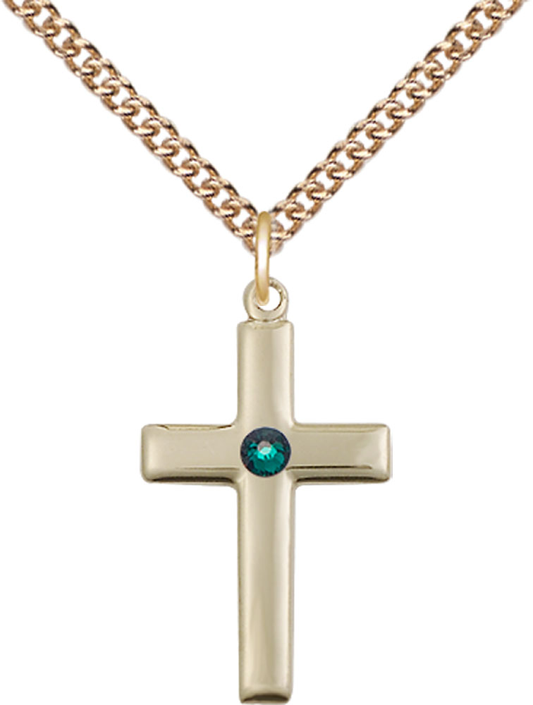 14kt Gold Filled Cross Pendant with a 3mm Emerald Swarovski stone on a 24 inch Gold Filled Heavy Curb chain