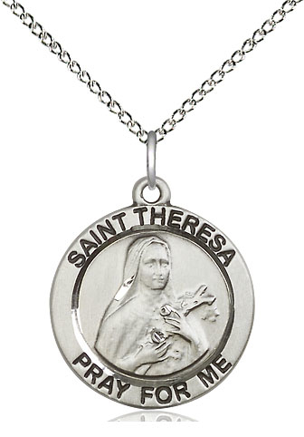 Sterling Silver Saint Theresa Pendant on a 18 inch Sterling Silver Light Curb chain