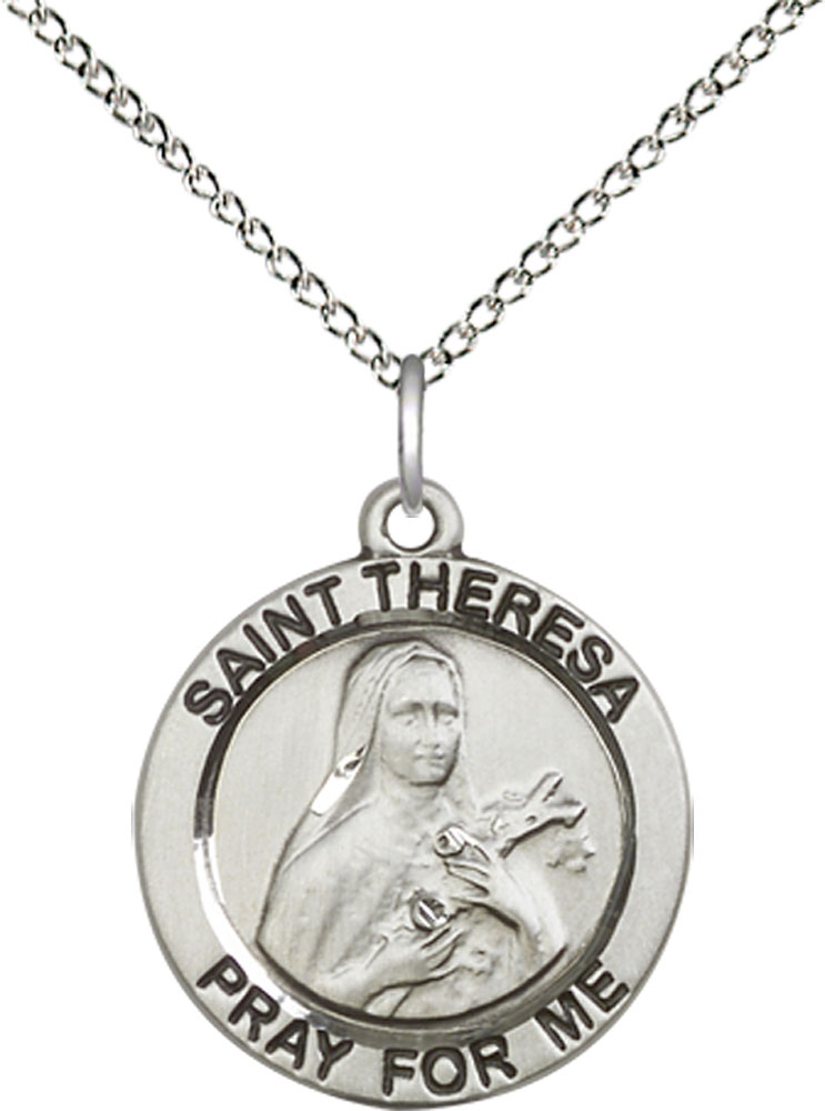 Sterling Silver Saint Theresa Pendant on a 18 inch Sterling Silver Light Curb chain