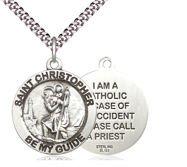 Sterling Silver Saint Christopher Pendant on a 24 inch Light Rhodium Heavy Curb chain