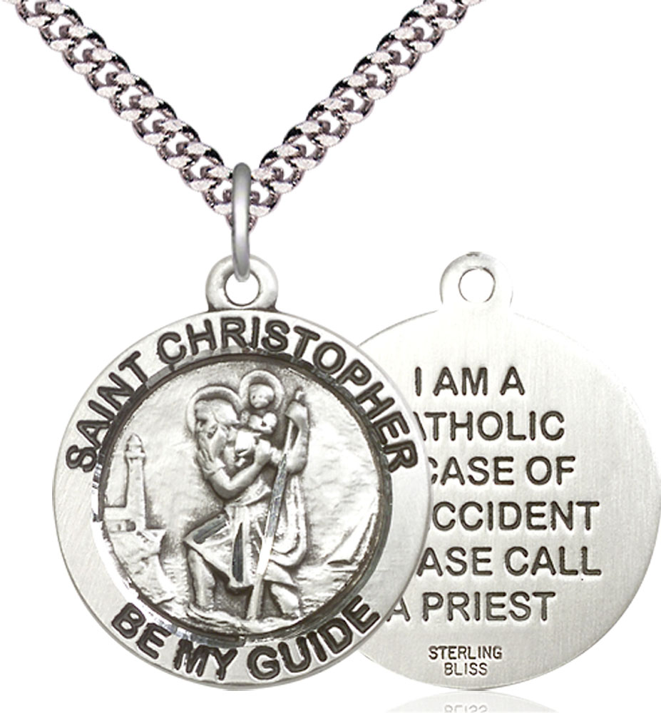 Sterling Silver Saint Christopher Pendant on a 24 inch Light Rhodium Heavy Curb chain