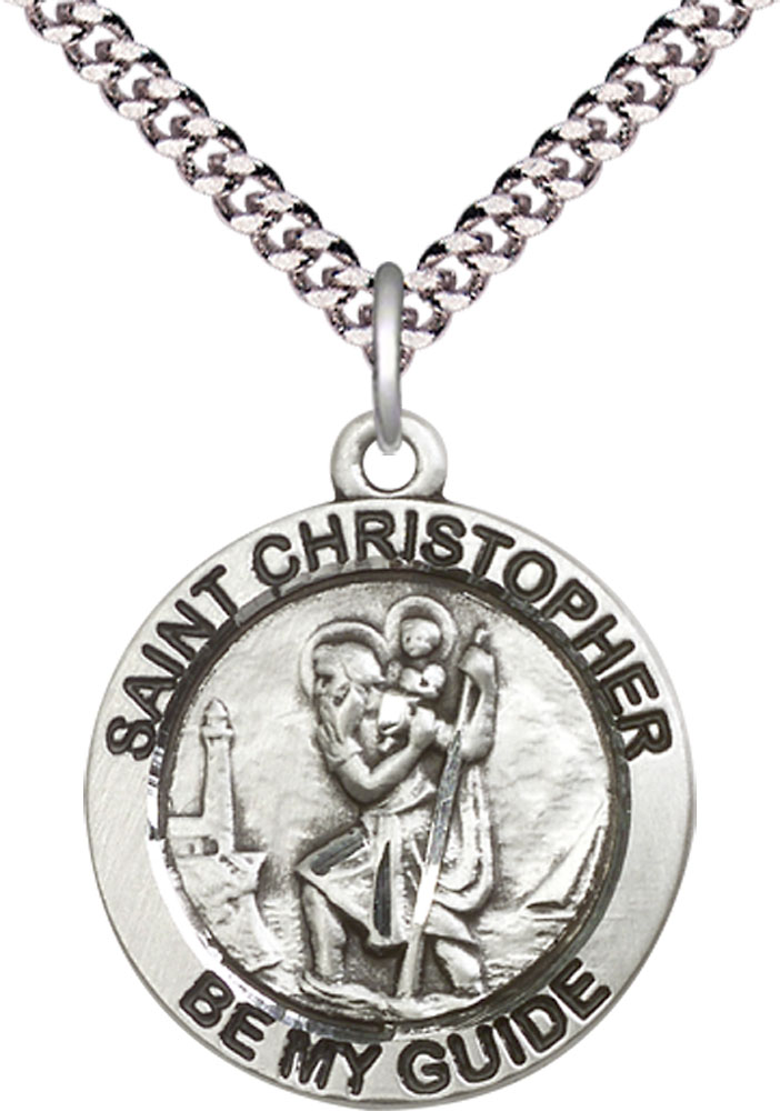 Sterling Silver Saint Christopher Pendant on a 24 inch Light Rhodium Heavy Curb chain