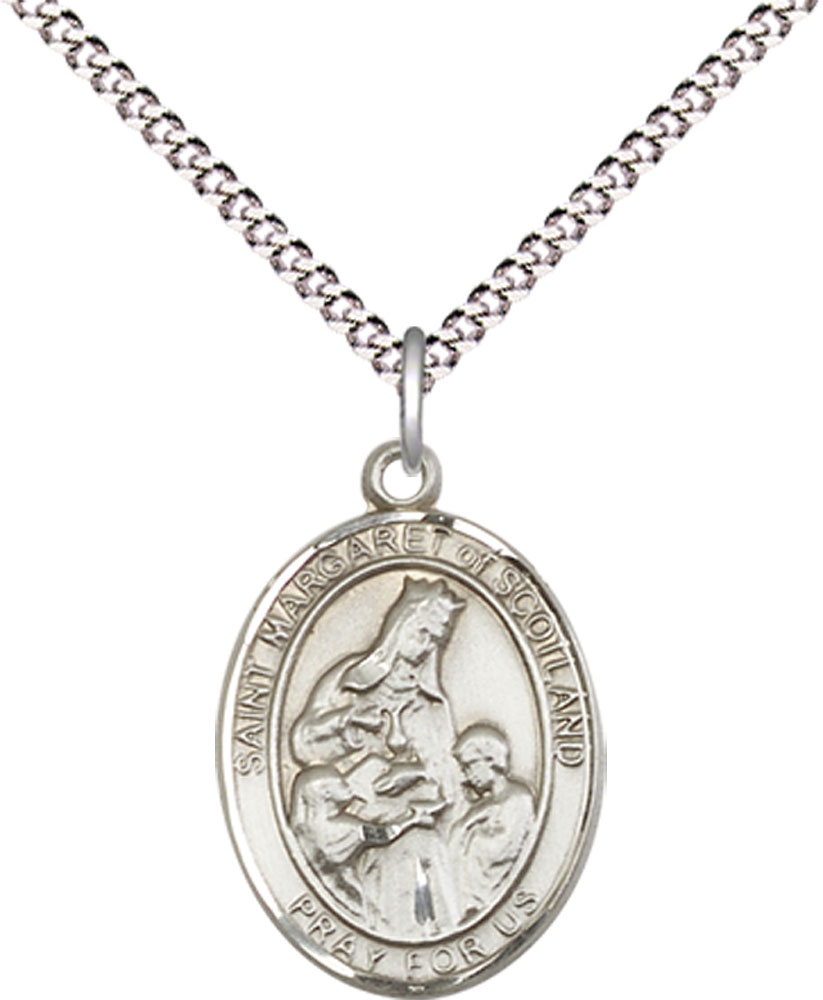 Sterling Silver Saint Margaret of Scotland Pendant on a 18 inch Light Rhodium Light Curb chain