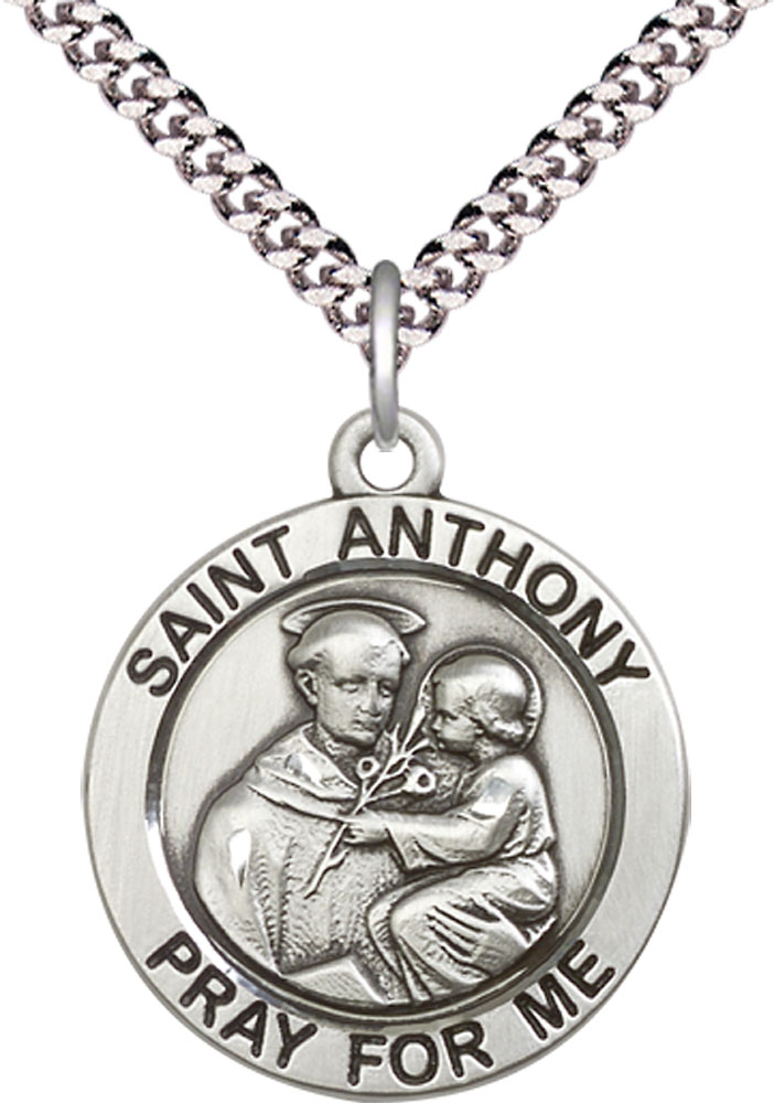 Sterling Silver Saint Anthony Pendant on a 24 inch Light Rhodium Heavy Curb chain