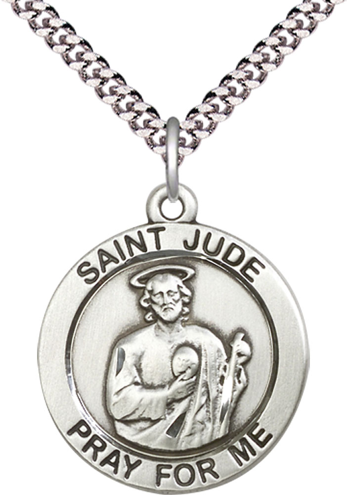 Sterling Silver Saint Jude Pendant on a 24 inch Light Rhodium Heavy Curb chain