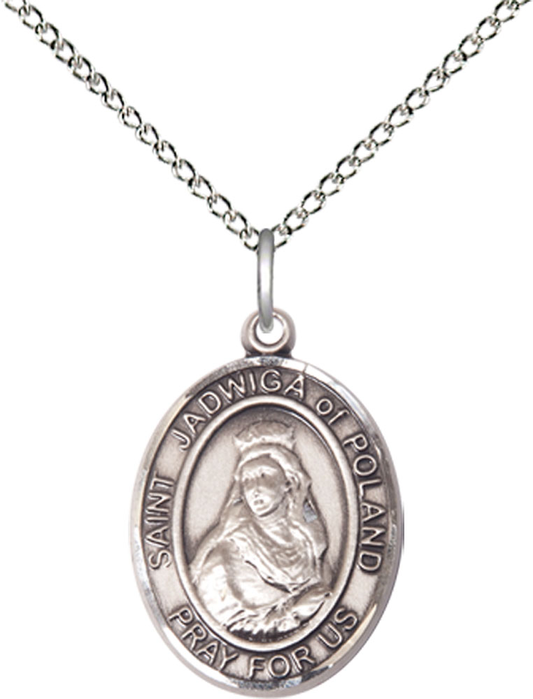 Sterling Silver Saint Jadwiga of Poland Pendant on a 18 inch Sterling Silver Light Curb chain