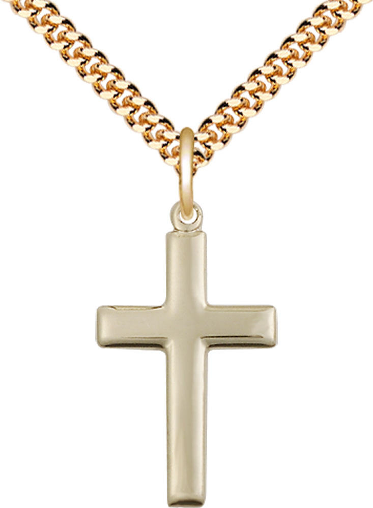 14kt Gold Filled Cross Pendant on a 24 inch Gold Plate Heavy Curb chain