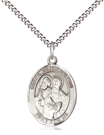 Sterling Silver Saint Peter St Paul Pendant on a 18 inch Light Rhodium Light Curb chain