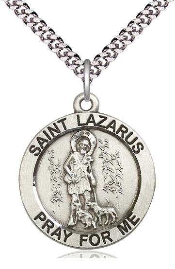 Sterling Silver Saint Lazarus Pendant on a 24 inch Light Rhodium Heavy Curb chain