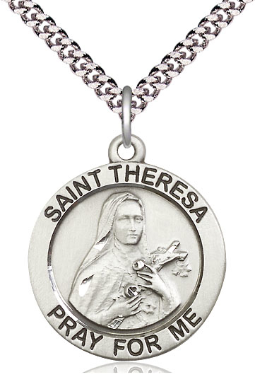 Sterling Silver Saint Theresa Pendant on a 24 inch Light Rhodium Heavy Curb chain