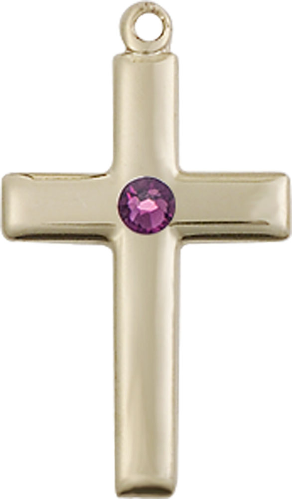 14kt Gold Cross Medal with a 3mm Amethyst Swarovski stone