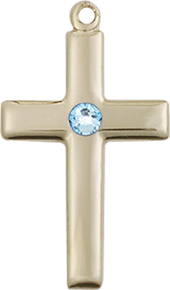 14kt Gold Cross Medal with a 3mm Aqua Swarovski stone