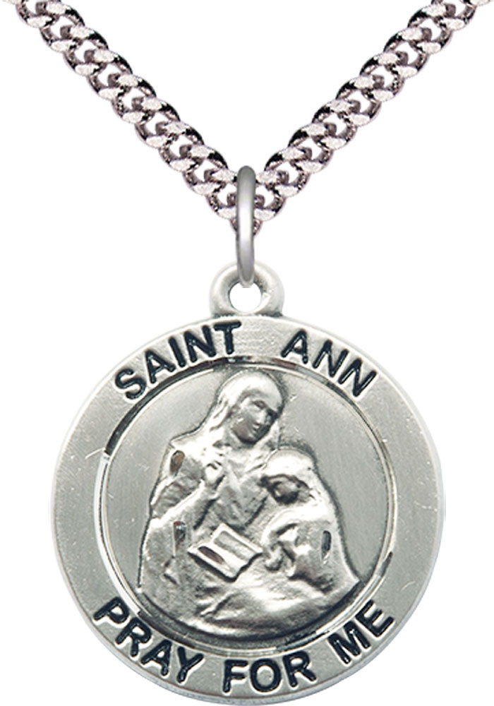Sterling Silver Saint Ann Pendant on a 24 inch Light Rhodium Heavy Curb chain