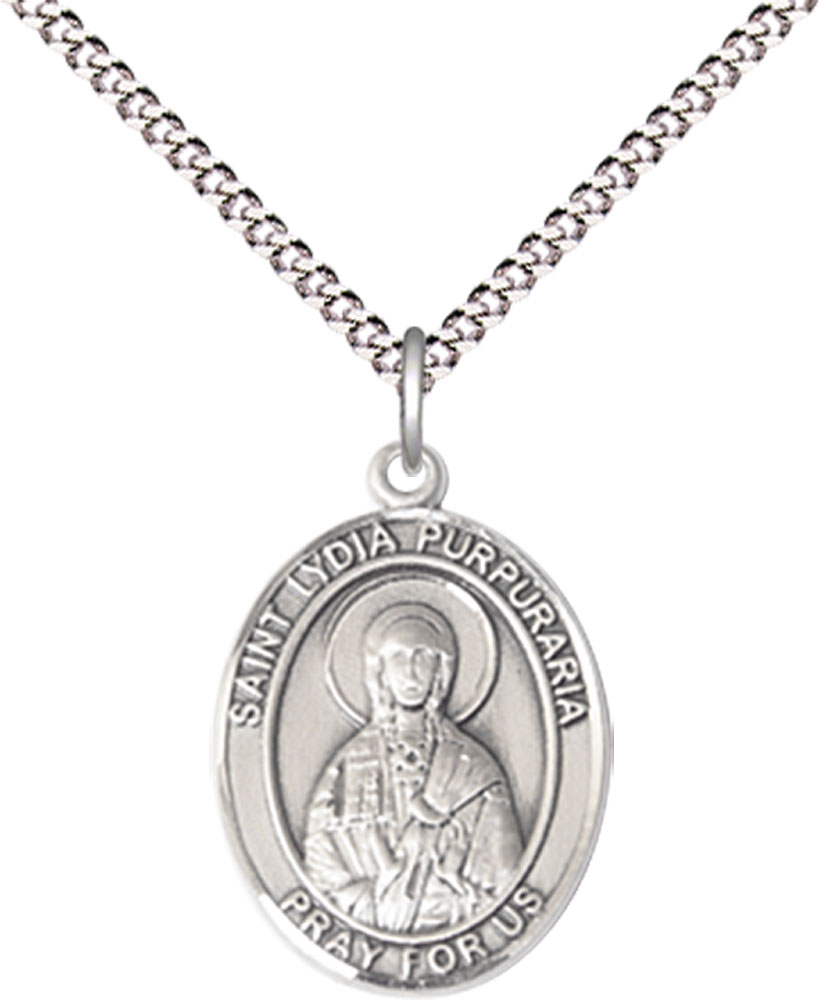 Sterling Silver Saint Lydia Purpuraria Pendant on a 18 inch Light Rhodium Light Curb chain