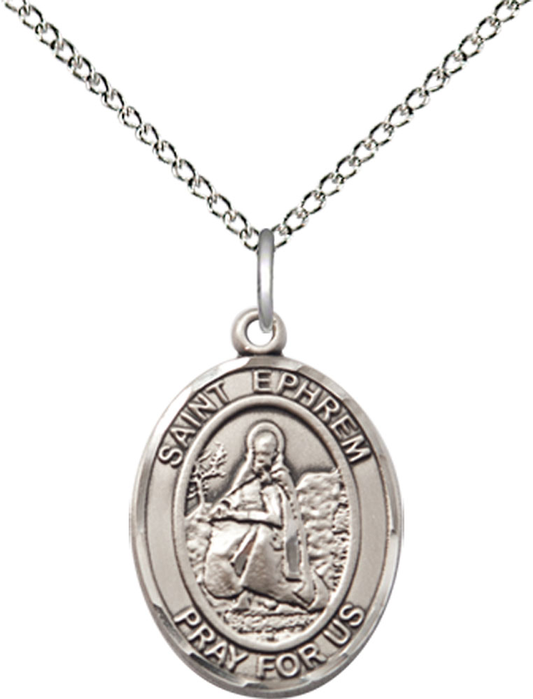 Sterling Silver Saint Ephrem Pendant on a 18 inch Sterling Silver Light Curb chain