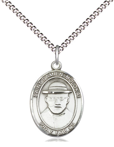 Sterling Silver Saint Damien of Molokai Pendant on a 18 inch Light Rhodium Light Curb chain
