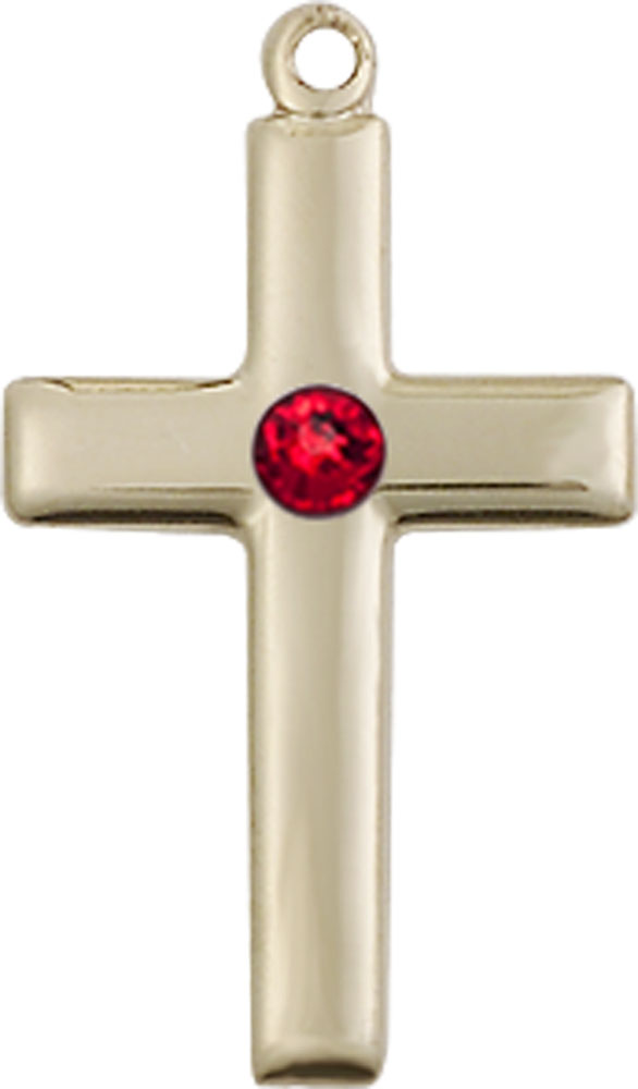 14kt Gold Cross Medal with a 3mm Ruby Swarovski stone