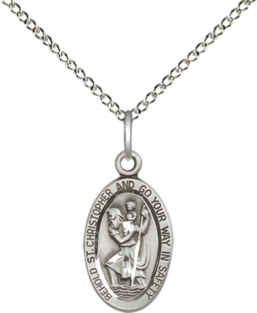 Sterling Silver Saint Christopher Pendant on a 18 inch Sterling Silver Light Curb chain
