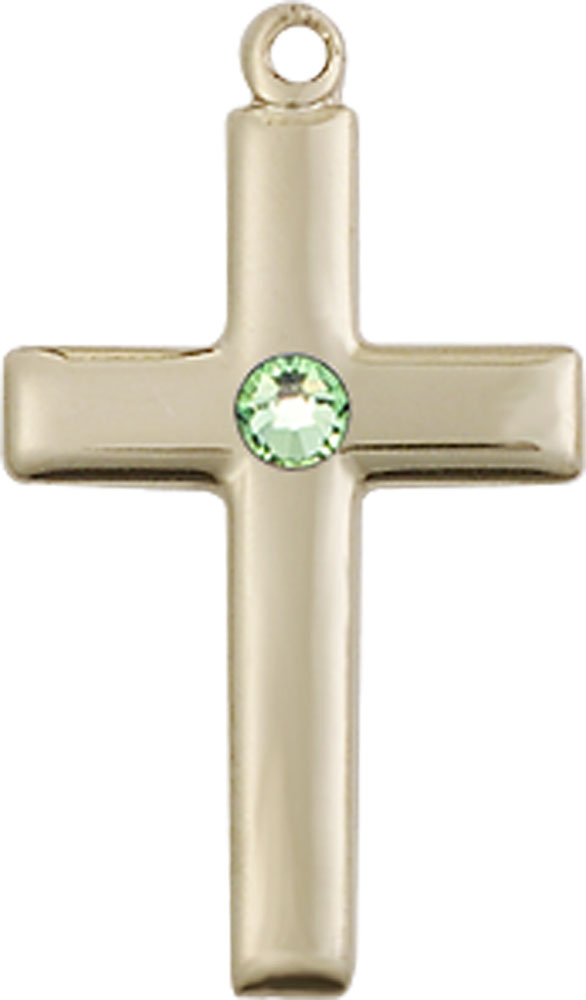 14kt Gold Cross Medal with a 3mm Peridot Swarovski stone