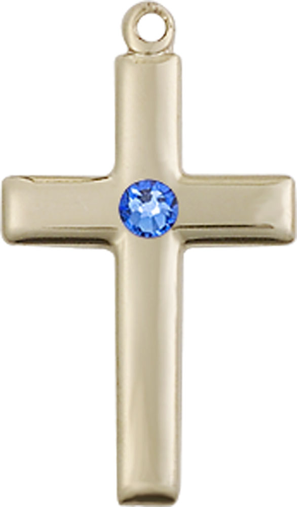 14kt Gold Cross Medal with a 3mm Sapphire Swarovski stone