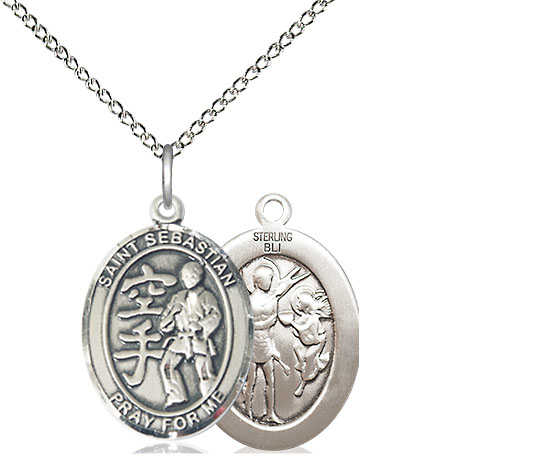 Sterling Silver Saint Sebastian Karate Pendant on a 18 inch Sterling Silver Light Curb chain