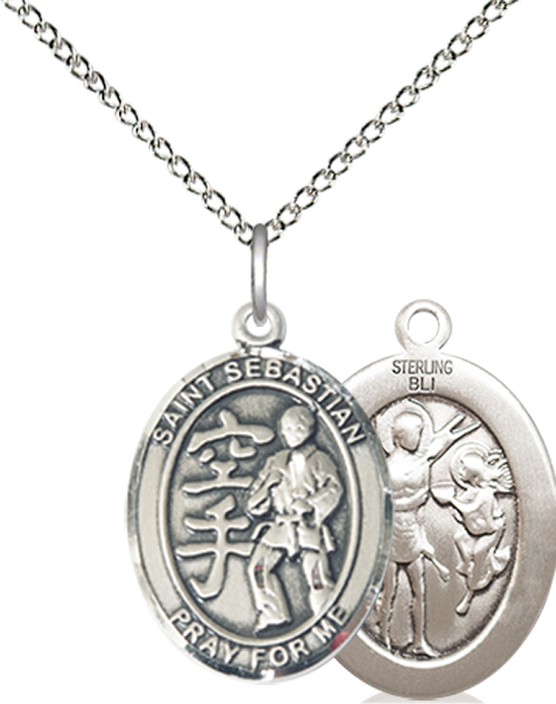 Sterling Silver Saint Sebastian Karate Pendant on a 18 inch Sterling Silver Light Curb chain