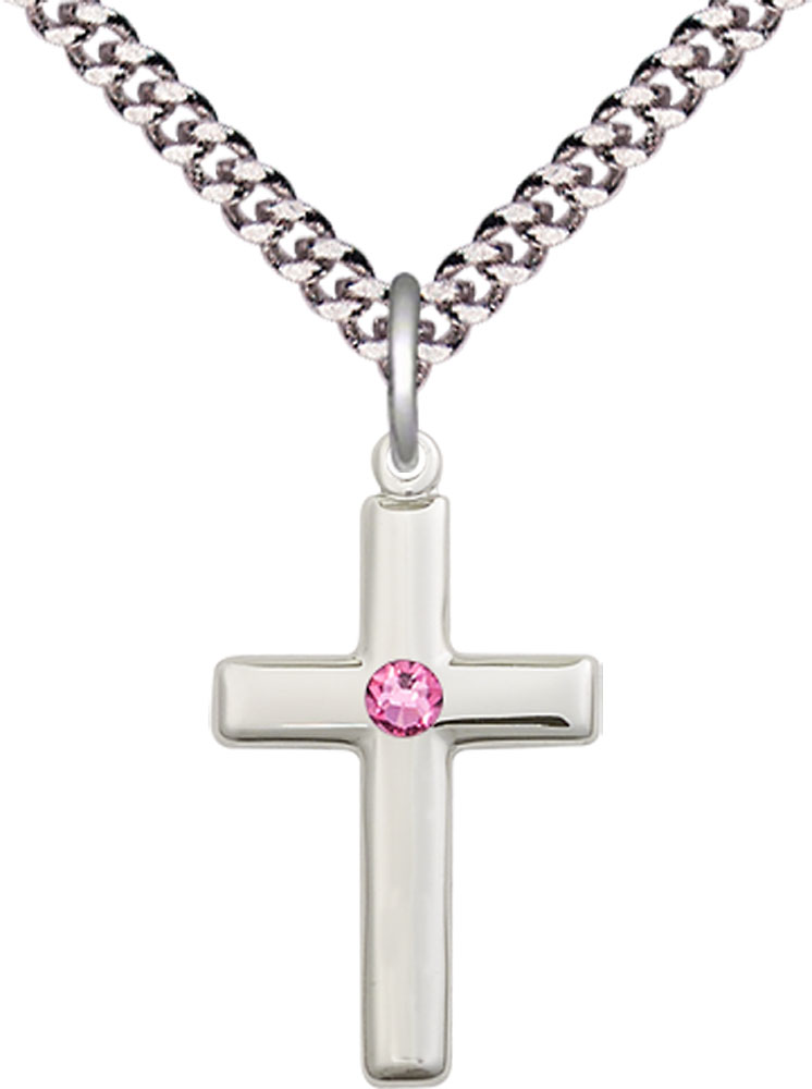 Sterling Silver Cross Pendant with a 3mm Rose Swarovski stone on a 24 inch Light Rhodium Heavy Curb chain