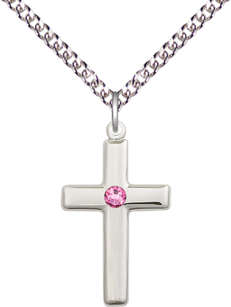 Sterling Silver Cross Pendant with a 3mm Rose Swarovski stone on a 24 inch Sterling Silver Heavy Curb chain