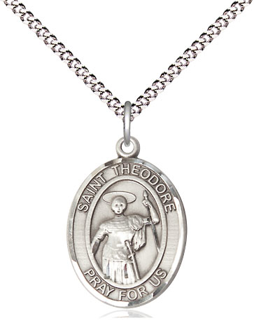 Sterling Silver Saint Theodore Stratelates Pendant on a 18 inch Light Rhodium Light Curb chain