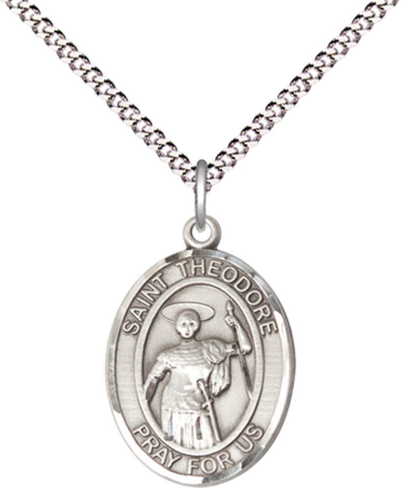 Sterling Silver Saint Theodore Stratelates Pendant on a 18 inch Light Rhodium Light Curb chain