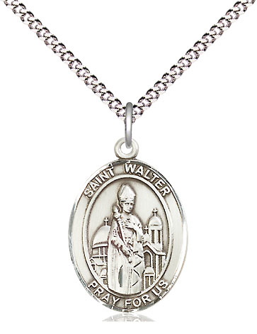 Sterling Silver Saint Walter of Pontnoise Pendant on a 18 inch Light Rhodium Light Curb chain